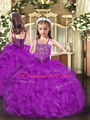 High End Purple Sleeveless Floor Length Beading and Ruffles Lace Up Quinceanera Gown