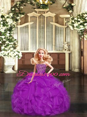 High End Purple Sleeveless Floor Length Beading and Ruffles Lace Up Quinceanera Gown