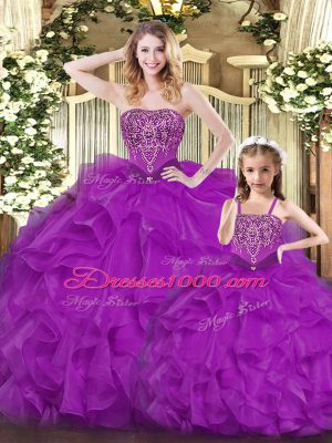 High End Purple Sleeveless Floor Length Beading and Ruffles Lace Up Quinceanera Gown