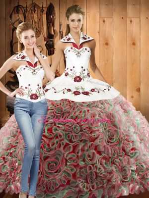 Stylish Multi-color Lace Up Halter Top Embroidery Sweet 16 Quinceanera Dress Fabric With Rolling Flowers Sleeveless Sweep Train