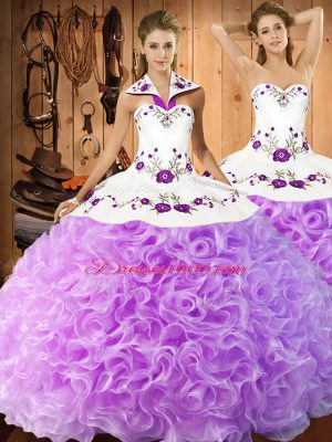 Dynamic Lilac Sleeveless Fabric With Rolling Flowers Lace Up Quince Ball Gowns for Military Ball and Sweet 16 and Quinceanera