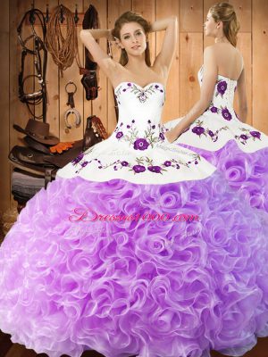 Dynamic Lilac Sleeveless Fabric With Rolling Flowers Lace Up Quince Ball Gowns for Military Ball and Sweet 16 and Quinceanera