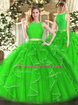 Customized Sleeveless Zipper Floor Length Lace and Ruffles Quinceanera Gown