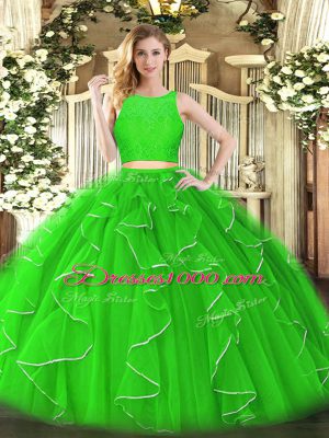 Customized Sleeveless Zipper Floor Length Lace and Ruffles Quinceanera Gown