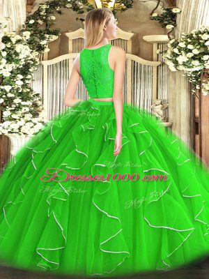 Customized Sleeveless Zipper Floor Length Lace and Ruffles Quinceanera Gown