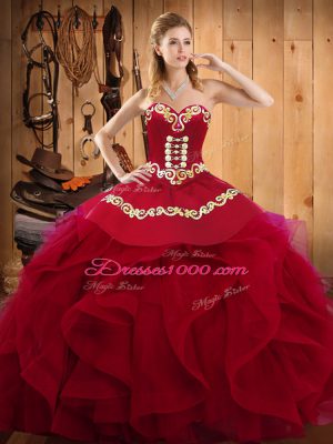 Burgundy Organza Lace Up Sweetheart Sleeveless Floor Length Sweet 16 Quinceanera Dress Embroidery and Ruffles