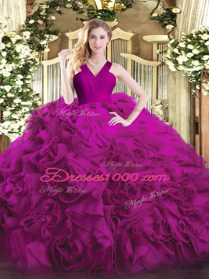 Fantastic Ball Gowns Sweet 16 Dresses Fuchsia V-neck Organza and Fabric With Rolling Flowers Sleeveless Floor Length Zipper