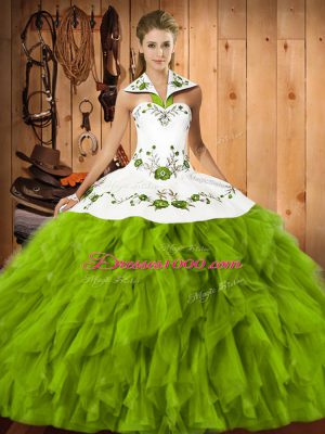 Best Olive Green Lace Up Halter Top Embroidery and Ruffles 15th Birthday Dress Satin and Organza Sleeveless