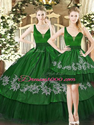Dark Green Ball Gowns Appliques Sweet 16 Dresses Lace Up Tulle Sleeveless Floor Length