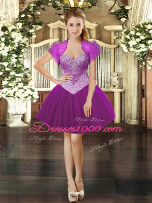 Best Selling Fuchsia Sleeveless Mini Length Beading Lace Up Prom Gown