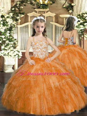 Straps Sleeveless Quinceanera Gowns Floor Length Beading and Ruffles Orange Red Organza