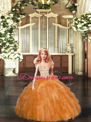 Straps Sleeveless Quinceanera Gowns Floor Length Beading and Ruffles Orange Red Organza