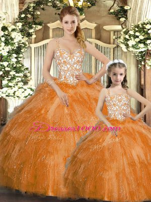 Straps Sleeveless Quinceanera Gowns Floor Length Beading and Ruffles Orange Red Organza