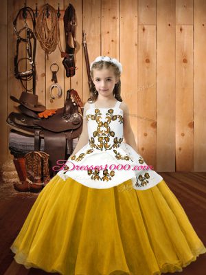 Elegant Gold Organza Lace Up Straps Sleeveless Floor Length Pageant Dress for Teens Embroidery