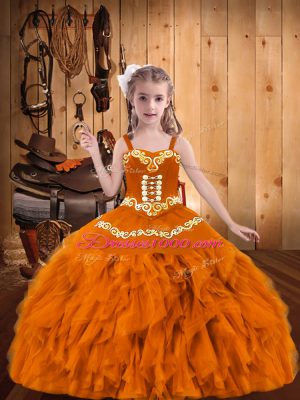Top Selling Organza Straps Sleeveless Lace Up Embroidery and Ruffles Kids Formal Wear in Orange