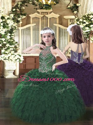 Sleeveless Floor Length Beading and Ruffles Lace Up Quinceanera Dresses with Dark Green