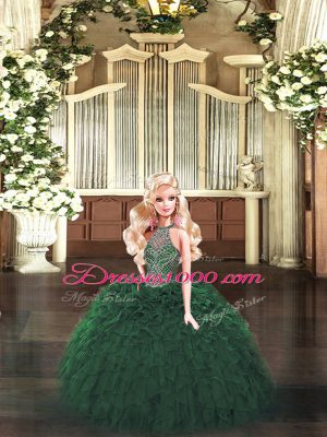 Sleeveless Floor Length Beading and Ruffles Lace Up Quinceanera Dresses with Dark Green