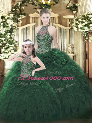 Sleeveless Floor Length Beading and Ruffles Lace Up Quinceanera Dresses with Dark Green