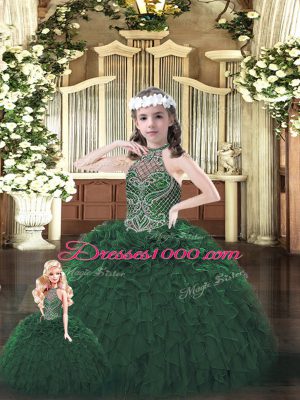 Sleeveless Floor Length Beading and Ruffles Lace Up Quinceanera Dresses with Dark Green