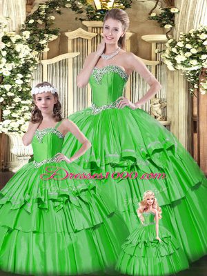 Beauteous Floor Length Lace Up 15th Birthday Dress Green for Military Ball and Sweet 16 and Quinceanera with Beading and Ruffled Layers