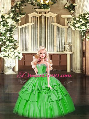 Beauteous Floor Length Lace Up 15th Birthday Dress Green for Military Ball and Sweet 16 and Quinceanera with Beading and Ruffled Layers
