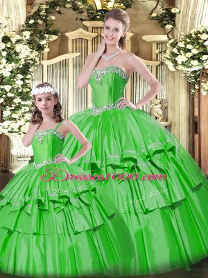 Beauteous Floor Length Lace Up 15th Birthday Dress Green for Military Ball and Sweet 16 and Quinceanera with Beading and Ruffled Layers