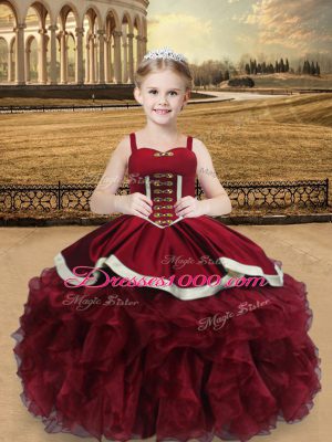 Fashion Wine Red Ball Gowns Beading and Ruffles Child Pageant Dress Lace Up Organza Sleeveless Floor Length