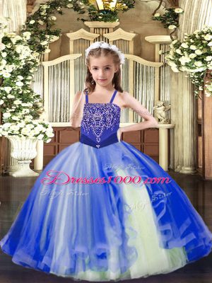 Straps Sleeveless Little Girl Pageant Dress Floor Length Beading Royal Blue Tulle