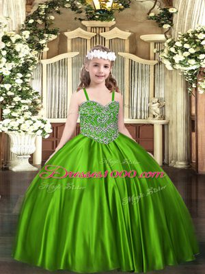 Satin Straps Sleeveless Lace Up Beading Pageant Gowns For Girls in Green