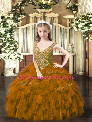 Floor Length Lace Up Little Girls Pageant Dress Brown for Party and Quinceanera with Beading and Ruffles