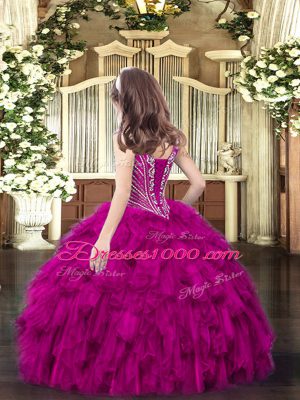 Floor Length Lace Up Little Girls Pageant Dress Brown for Party and Quinceanera with Beading and Ruffles