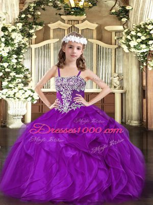 Modern Purple Sleeveless Floor Length Appliques and Ruffles Lace Up Pageant Dresses