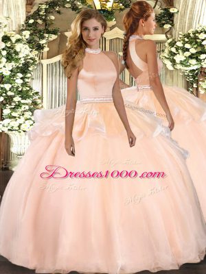 Romantic Peach Sleeveless Beading and Ruffles Floor Length Quinceanera Gowns