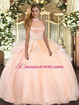 Romantic Peach Sleeveless Beading and Ruffles Floor Length Quinceanera Gowns