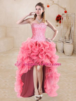 Attractive Organza Sweetheart Sleeveless Lace Up Beading and Ruffles Prom Dresses in Watermelon Red