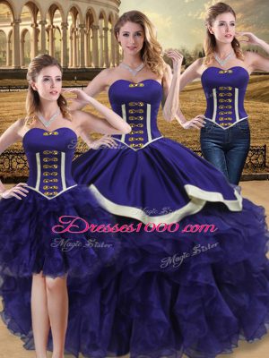 Best Selling Purple Three Pieces Beading and Ruffles Ball Gown Prom Dress Lace Up Organza Sleeveless Floor Length