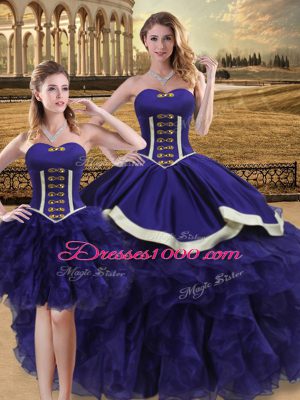 Best Selling Purple Three Pieces Beading and Ruffles Ball Gown Prom Dress Lace Up Organza Sleeveless Floor Length