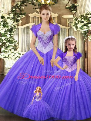Best Purple Tulle Lace Up Straps Sleeveless Floor Length Ball Gown Prom Dress Beading
