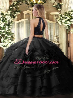 High Class Halter Top Sleeveless Tulle Quince Ball Gowns Beading and Ruffles Backless