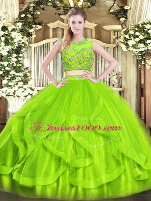 Adorable Zipper Scoop Beading and Ruffles Quince Ball Gowns Tulle Sleeveless