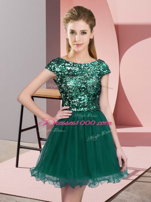 Scoop Cap Sleeves Quinceanera Dama Dress Mini Length Sequins Turquoise Tulle