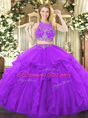 Purple Tulle Zipper Scoop Sleeveless Floor Length Quinceanera Dresses Beading and Ruffles