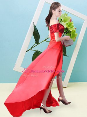 Red Short Sleeves Beading High Low Prom Dresses