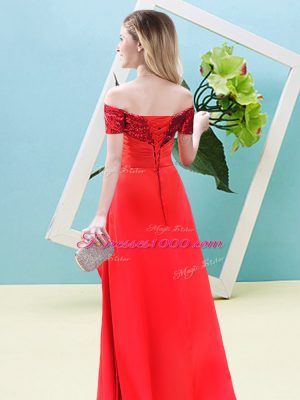 Red Short Sleeves Beading High Low Prom Dresses