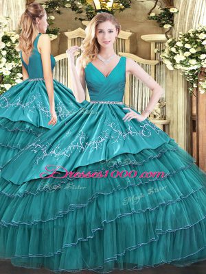 Beauteous Floor Length Teal 15 Quinceanera Dress Satin and Organza Sleeveless Embroidery and Ruffled Layers