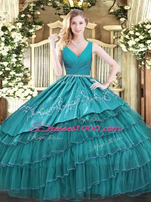 Beauteous Floor Length Teal 15 Quinceanera Dress Satin and Organza Sleeveless Embroidery and Ruffled Layers