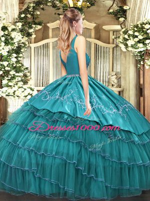 Beauteous Floor Length Teal 15 Quinceanera Dress Satin and Organza Sleeveless Embroidery and Ruffled Layers