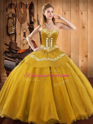 Hot Sale Sweetheart Sleeveless Satin and Tulle Sweet 16 Dress Embroidery Lace Up