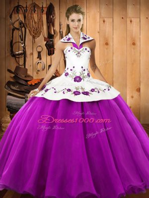 Fuchsia Satin and Tulle Lace Up Quinceanera Dresses Sleeveless Floor Length Embroidery