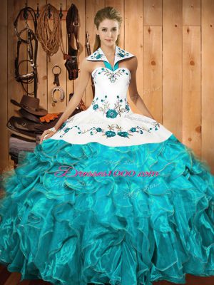 Glamorous Aqua Blue Sleeveless Satin and Organza Lace Up Quinceanera Gown for Military Ball and Sweet 16 and Quinceanera